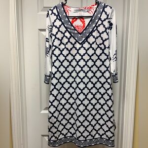 Gretchen Scott Navy & White Printed V-Neck Shift Dress | XS